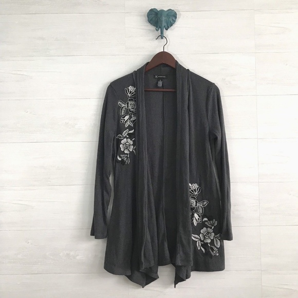 INC International Concepts Sweaters - INC Gray Ribbed Floral Applique Cardigan